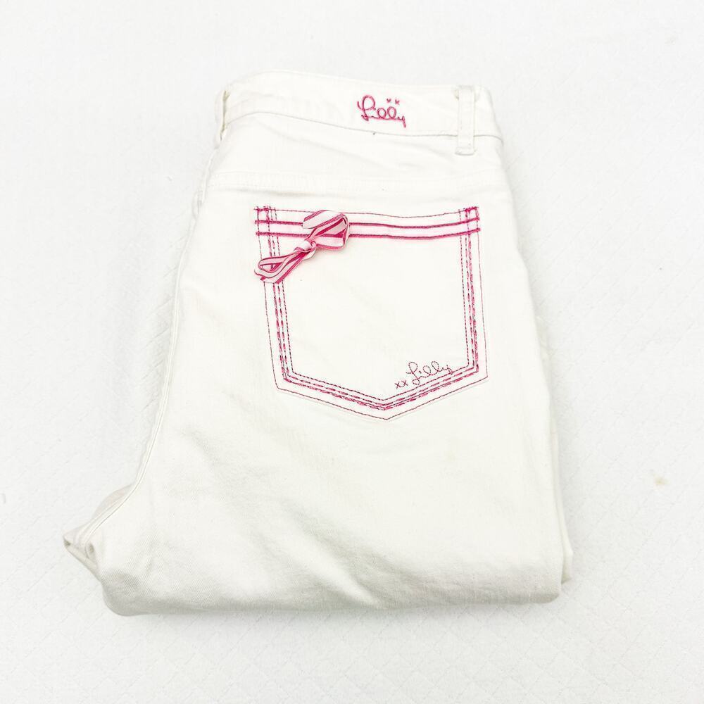 Lilly Pulitzer White Denim Jeans Pink Stitching Wide Leg Size 8